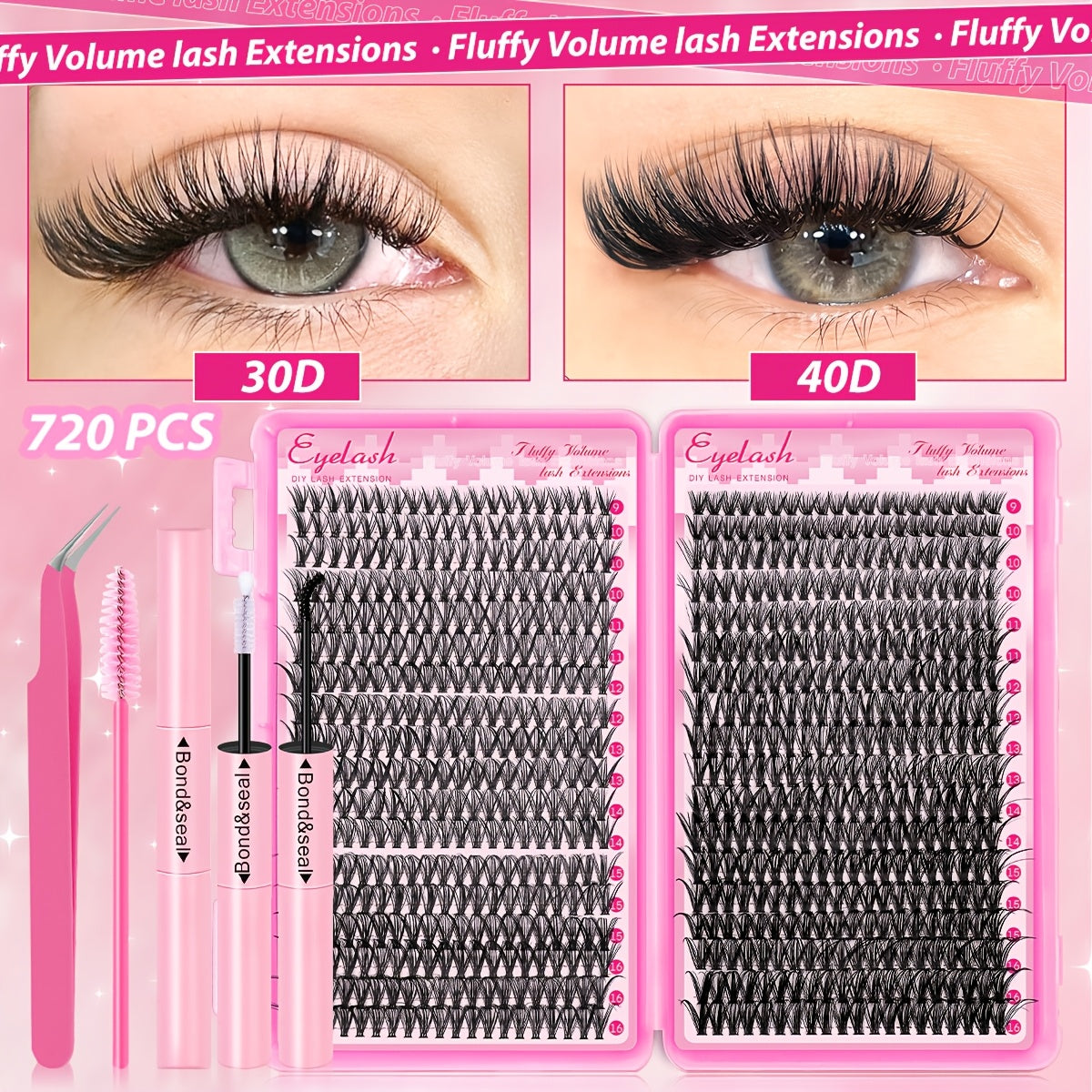 [200/720pcs Lash Extension Kit] 200/720pcs Lash Extension Kit | Eyelash Extension with Lash Bond and Seal, Lash Tweezers, Thick Lash Clusters, Wispy Individual Lashes D Curl Lash Extension (30D 40D Mixed, 9-16MM) Exquisite Gift Set