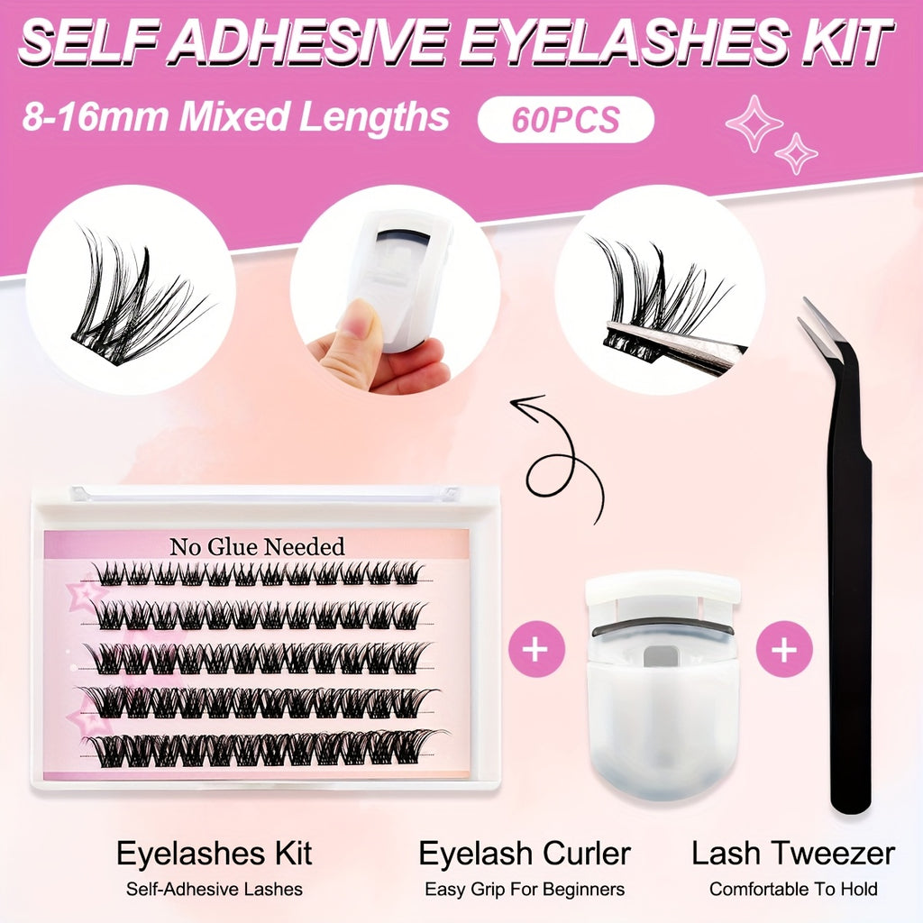 60 Clusters of Self-adhesive Eyelashes, Fluffy and Cat Eye Style, Easy-to-Apply Self-Adhesive False Eyelashes Kit Natural Look, Beginner-Friendly