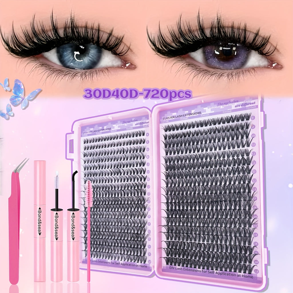 [DIY Eyelash Extension] 400/720pcs DIY Eyelash Extension Set | 9-18mm Mix 30D 40D Single Eyelash Tuft with Eyelash Bonding & Tweezers for Beginners - Exquisite Gift Set for New Year Gifts, Valentine's Day Gifts