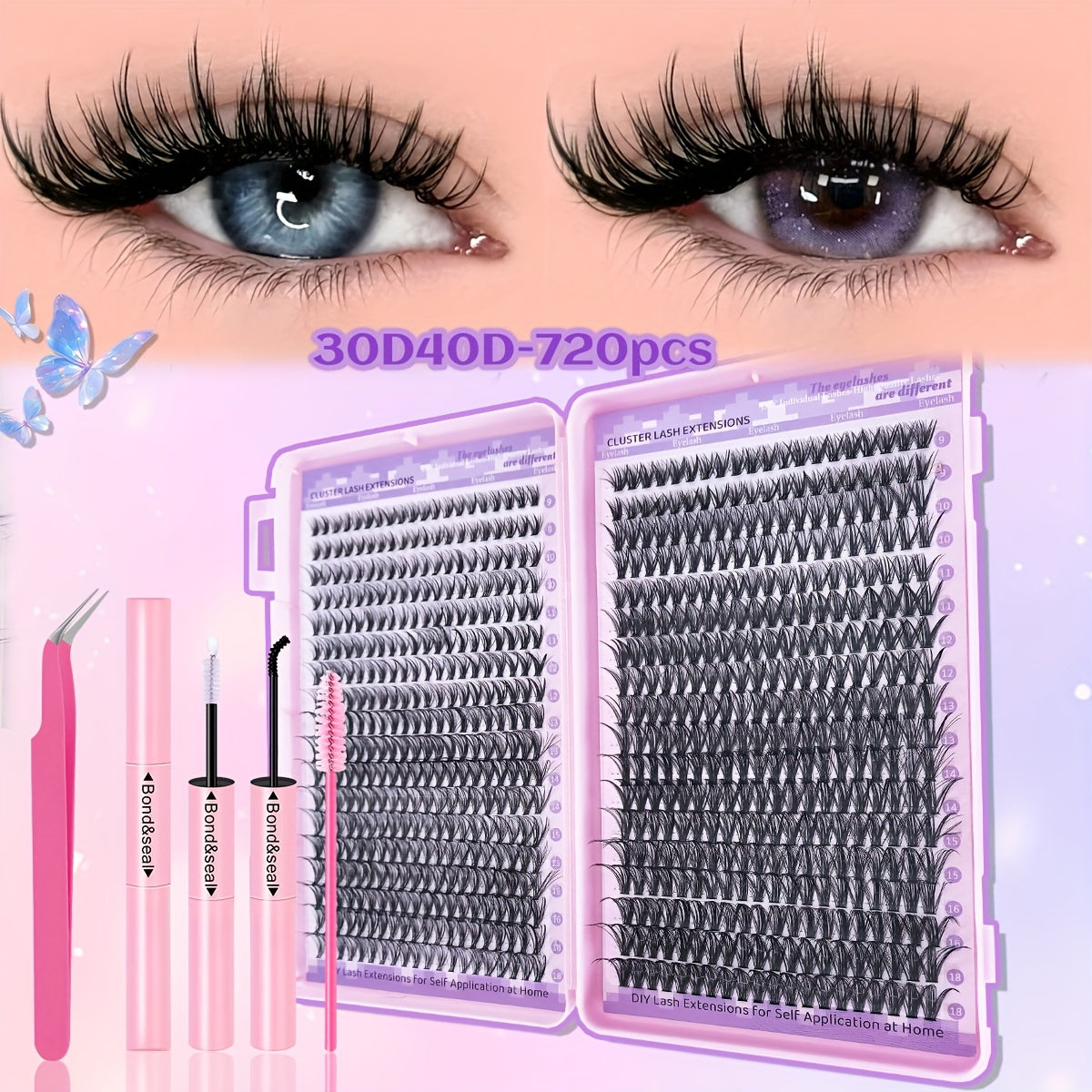 [DIY Eyelash Extension] 400/720pcs DIY Eyelash Extension Set | 9-18mm Mix 30D 40D Single Eyelash Tuft with Eyelash Bonding & Tweezers for Beginners - Exquisite Gift Set for New Year Gifts, Valentine's Day Gifts
